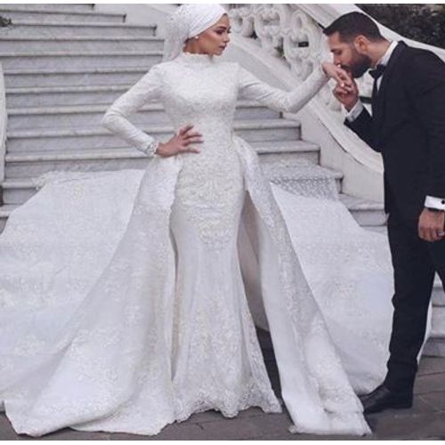 Wedding Evening Dresses Long Sleeve Round Neck Muslim Detachable Trailing Wedding Dresses