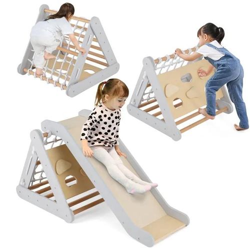 Costway Station De Jeu Avec Triangle D'escalade,Toboggan En Bois Et Filet, Résistant Aux Intempéries, Charge 60 Kg 1 Ans+ Gris