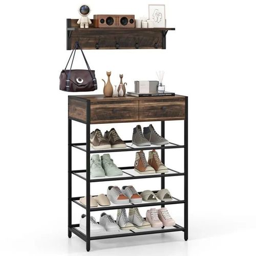 Costway Meuble D¿Entrée Avec Banc - 5 Crochets, Porte-Manteau, Vestiaire Pour Couloir, Chambre, Style Industriel Moderne