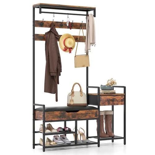Costway Meuble D¿Entrée Avec Banc - 12 Crochets, Porte-Manteau, Vestiaire Pour Couloir, Chambre, Style Industriel Moderne