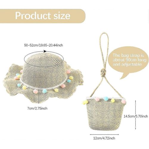 Chapeau De Paille Pour Filles D¿Été À Large Bord, Chapeau De Paille Décontracté Pour Tout-Petits Avec Sac À Bandoulière Pour Sun Beach Travel Parasol