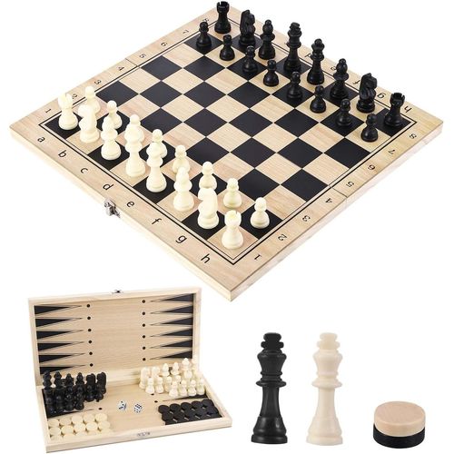 Jeu D'échecs En Bois 3 En 1-Échecs,Dames,Backgammon,Ensemble Pliable Et Portable D'échiquier,Idéal Pour Enfants Et Adultes Lors De Fêtes Et Voyages,Dimensions De 29x29cm