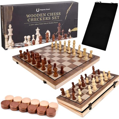 Jeu D'échecs En Bois Pour Adulte,Échiquier Magnétique 2 En 1,Échiquier En Bois De Qualité Supérieure,Jeu D'échecs Signature,Échiquier En Bois Pour Débutant Avec Plateau De Rangement Portable