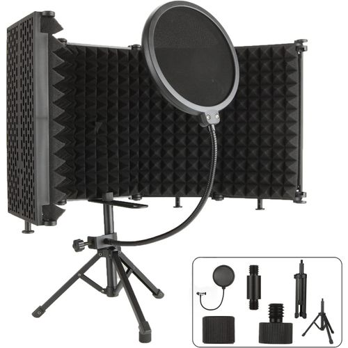Bouclier D'Isolation Pour Microphone Avec Trépied,Bouclier D'Isolation Acoustique Avec Filtre Anti Pop Et Trépied,5 Panneaux Pliable En Mousse Absorbant Pour Anti Bruit Et Vent(Noir)