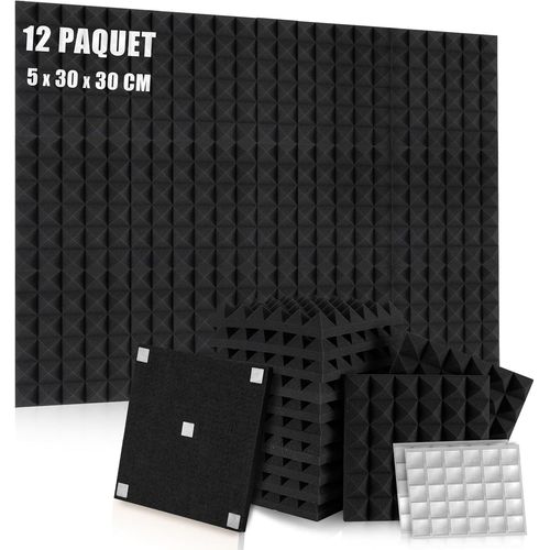 Lot De 12 Panneaux De Mousse Acoustique Autocollants,Mousse Anti-Bruit Panneau Acoustique Haute Densité Isolant Phonique,Pour Podcasting,Studio D'Enregistrement,Bureaux,30X30X5Cm