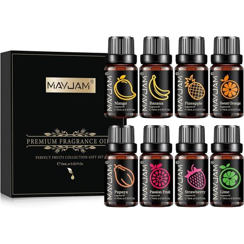 Coffret Huile De Parfumée Fruitées 8x10ml,Huiles Parfumées Fruitées Pour Huiles Essentielles Diffuseur-Orange Douce,Fraise,Mangue,Ananas,Papaye,Lime,Banane,Maracuja 
