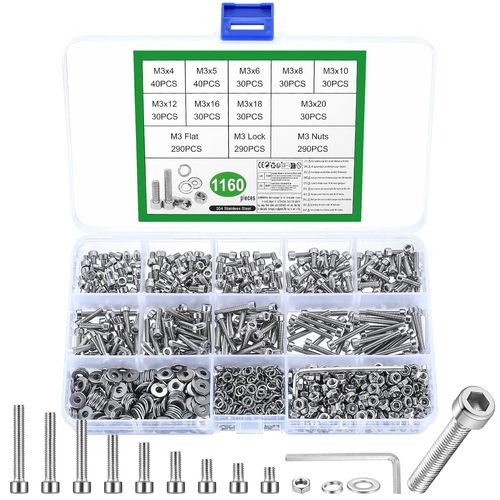 1160 Pièces Set De Vis M3,Boulons Vis Et Écrous,Vis Boulons Et Écrous,Vis À Tête Cylindrique À Six Pans Creux En Acier Inoxydable,Vis Boulon Et Écrous Et Rondelles Kit Pour Réparation Bricolage