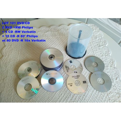 LOT de 101 DVD/CD (indivisible) Vierge enregistrable, comprend: 2 DVD-RW + 4CD-RW + 15 CD-R + 80 DVD-R et la cloche plastique - VOIR PHOTOS