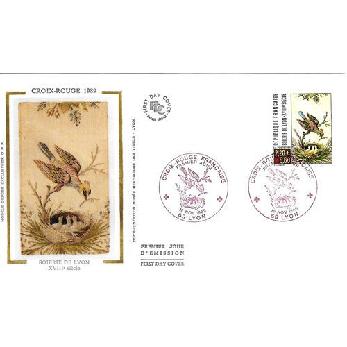France 1989, Très Belle Enveloppe 1er Jour, Timbre Yvert 2612, Soierie De Lyon, 18ème Siècle, Surtaxe Au Profit De La Croix Rouge, État Neuf.