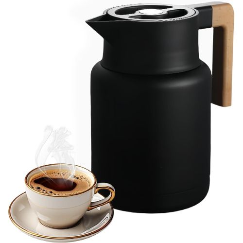 Pichet Isotherme,Thermos Sous Vide Isolé,Carafe À Café Thermique En Acier Inoxydable,Manche En Bois,Pour Le Café Au Thé Chaud Et Froid,Cuisine,Bureau,Hôtel(Noir,1300Ml)