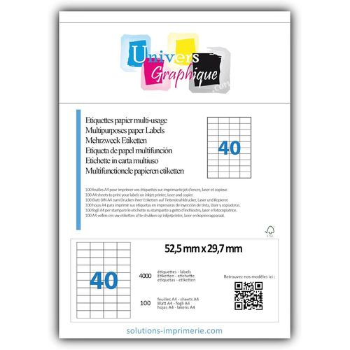 4000 Etiquettes Autocollantes 52,5x29,7mm-100 Feuilles A4 De 40 Étiquettes Multi-Usage Compatibles Jet D¿Encre,Laser Et Copieur -Marque Ref Uge40