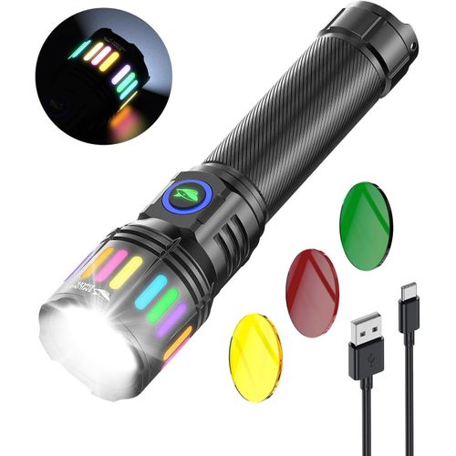 Lampe De Poche Led,M1 Lampe Torche Puissante Rechargeable Avec 4 Modes & Zoomable¿3 Lentilles Couleurs¿ Mini Lampe Torche Pile Pour Camping/Randonnée/Urgence,Noir