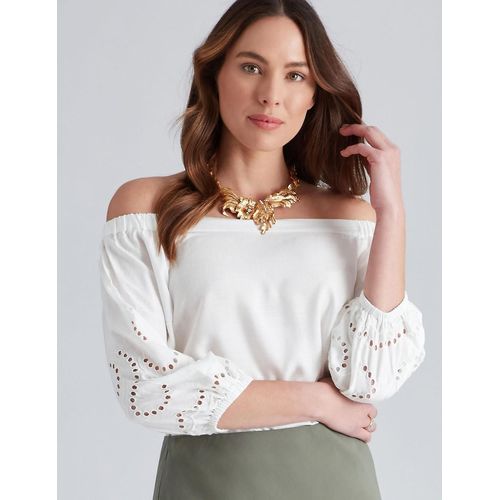 Katies - Womens Tops - Blanc - Épaule Dénudée - Top Brodé - Tunique - Manches 3/4 - Chemisier - Sh