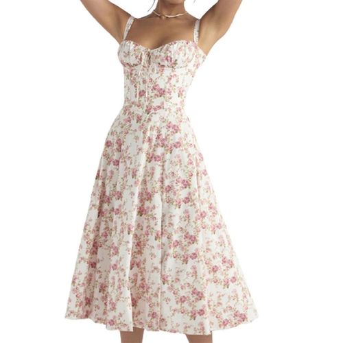 Mode Imprimé Bustier Robe D¿Été Cordon De Serrage Dentelle Sans Manches Robe Pour Femmes-Eyzi