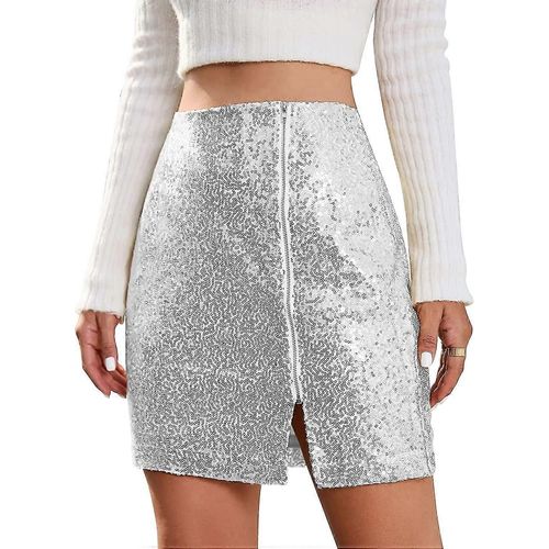 Femmes Sequin Jupe Taille Haute Split Front Zip Up Mini Bodycon Jupe Stretchy Sparkle Short S-2xl