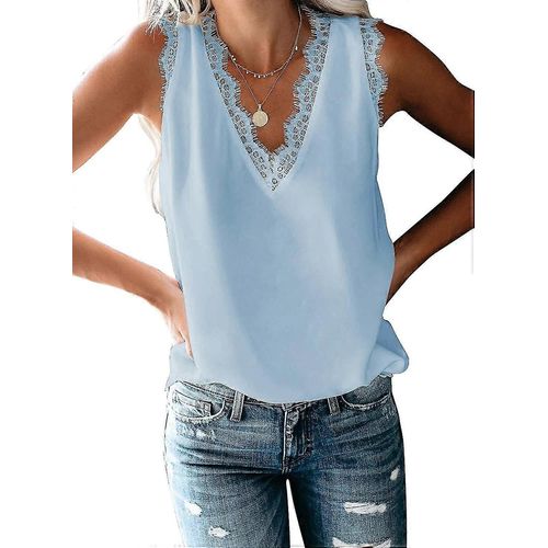 Femmes Dentelle Trim Débardeurs V Col Mode Décontracté Sans Manches Blouse Gilet Chemises S-2xl