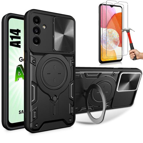 Coque Pour Samsung Galaxy A14 4g/5g Noir Anneau Support Cache Caméra + 2 Verres Trempés - Booling