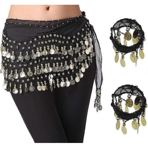 Foulards De Hanche De Danse Du Ventre, Jupes En Forme De Vague Pour Femmes Avec 128 Pièces D'or, Ceinture De Costume De Danse Du Ventre Suspendue En Mousseline De Soie Avec Des Bracelets