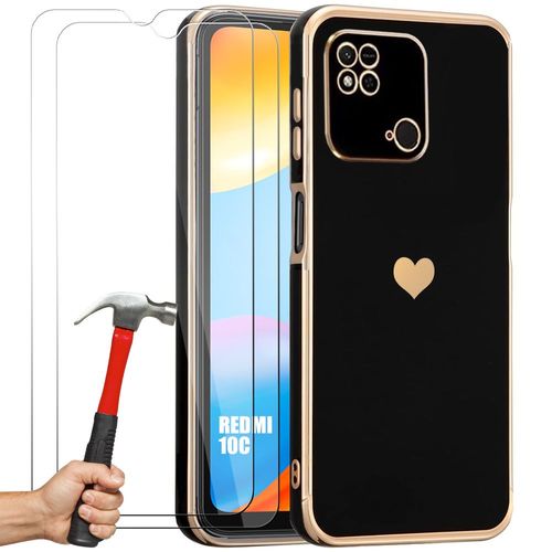 Coque Silicone Pour Xiaomi Redmi 10c Noir Antichoc Motif CUr + 2 Protecteurs D'écran Vitre - Booling