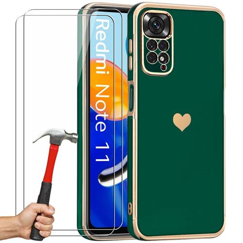 Coque Pour Xiaomi Redmi Note 11/11s Vert Nuit Motif CUr Anti-Rayure Souple Tpu + 2 Verres Trempés - Booling