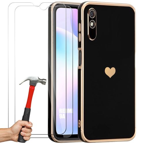 Coque Silicone Pour Xiaomi Redmi 9a Noir Protection Motif CUr Anti-Rayure Souple Tpu + 2 Verres Trempés - Booling