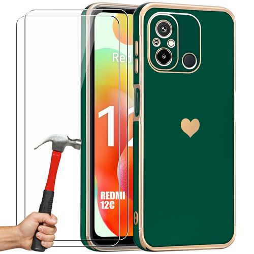 Coque Pour Xiaomi Redmi 12c / Redmi 11a Vert Nuit Antichoc Silicone Motif CUr Et 2 Verres Trempés - Booling