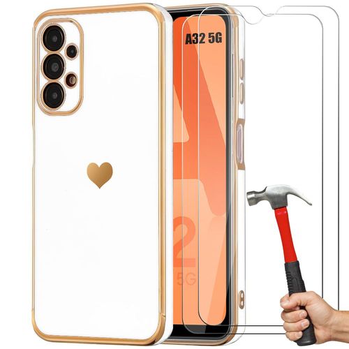 Coque Pour Samsung Galaxy A32 5g Protection Silicone Blanc Anti-Rayures Motif CUr + 2 Verres Trempés - Booling