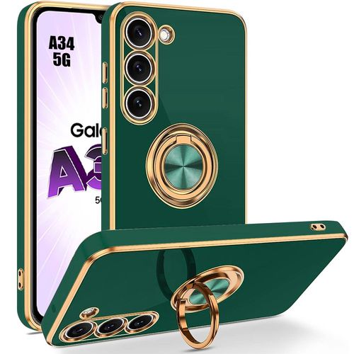 Coque Silicone Pour Samsung Galaxy A34 5g Avec Support Anneau Rotatif À 360 Degrés - Vert Nuit - Booling
