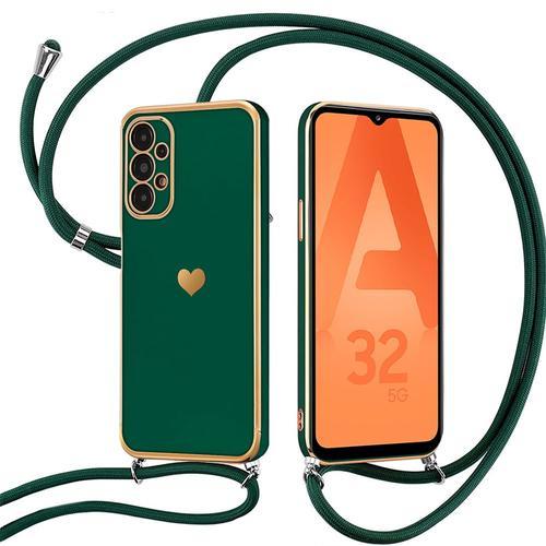 Coque Pour Samsung Galaxy A32 5g Silicone Souple Blanc Antichoc Anti-Rayures Avec Cordon Vert Nuit - Booling