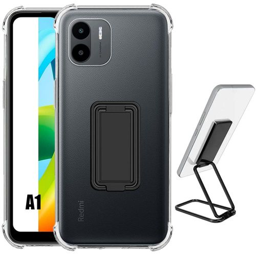 Coque Pour Xiaomi Redmi A1 Silicone Transparent Antichoc Coins Renforcés Avec Support Noir Pliable - Booling