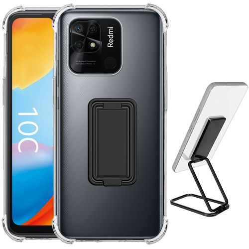 Coque Pour Xiaomi Redmi 10c Silicone Ultra Antichoc Transparent Avec Support Réglable Métal Noir - Booling