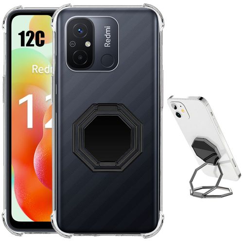 Coque Pour Xiaomi Redmi 12c Silicone Transparent Avec Support Anneau Réglable Noir - Booling