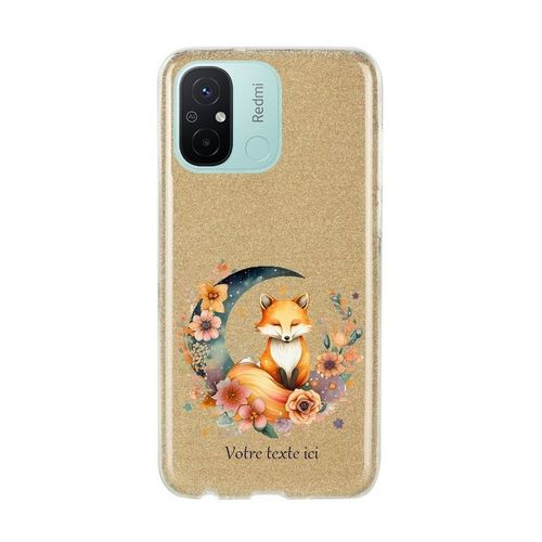 Coque Redmi 12c Et 11a Paillettes Dore Renard Fox Et Lune Avec Des Fleurs