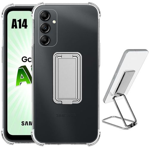Coque Pour Samsung Galaxy A14 4g/5g Silicone Ultra Slim Antichoc Avec Support Métal Réglable Argenté - Booling