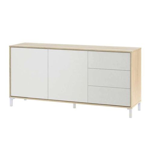 Buffet Avec 2 Portes Et 3 Tiroirs Coloris Chêne Canadien / Blanc Artic - Hauteur 74 X Longueur 154 X Profondeur 41 Cm