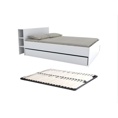 Lit Avec Tête De Lit Rangements Et Tiroirs 140 X 190 Cm - Blanc + Sommier - Eugene