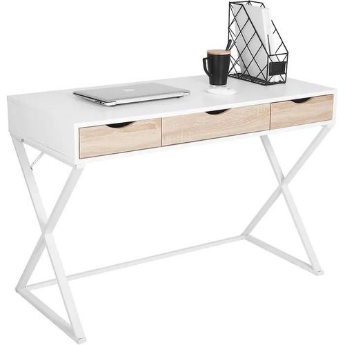 Table De Bureau En Bois+Acier.Bureau Dordinateur Avec 3 Tiroirs.Table De Travail.110x50x75cm.Blanc