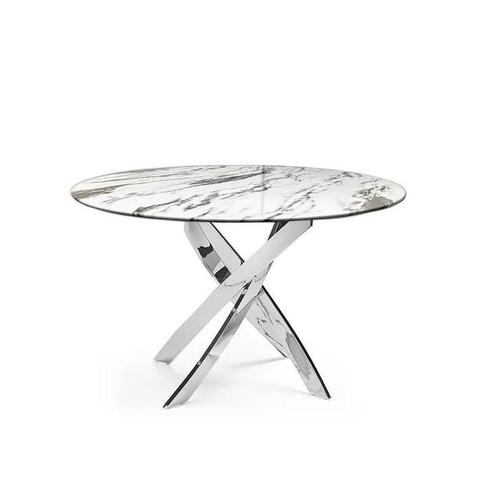 Table Repas Ronde Jessica Chrome Verre Effet Marbre Blanc 100 Cm
