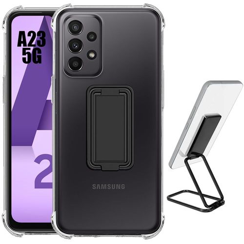 Coque Silicone Pour Samsung Galaxy A23 5g Transparent Antichoc Avec Support Métal Pliable Noir - Booling