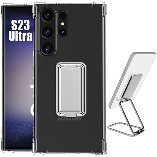 Coque Pour Samsung Galaxy S23 Ultra - Silicone Slim Transparent Antichoc Avec Support Métal Réglable Argenté - Booling