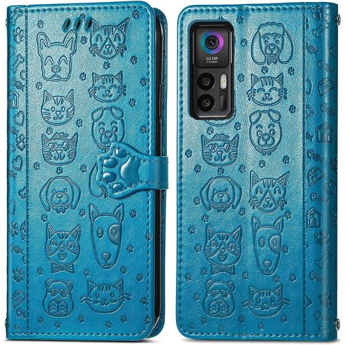 Coque Pour Tcl 30 Plus/Tcl 30 5g, Antichoc Portefeuille Etui Housse En Cuir A Rabat Avec Porte Carte, Chiusura Magnetica [Motif De Chat Chien] Flip Cover Case Pour Tcl 30 Plus, Bleu
