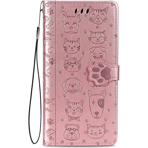 Coque Pour Sony Xperia 1 V, Antichoc Portefeuille Etui Housse En Cuir A Rabat Avec Porte Carte, Chiusura Magnetica [Motif De Chat Chien] Flip Cover Case Pour Sony Xperia 1 V, Or Rose