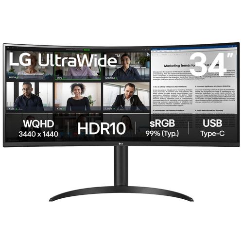 LG UltraWide 34WR55QK-B - Écran LED - incurvé - 34" - 3440 x 1440 WQHD @ 100 Hz - VA - 300 cd/m² - 3000:1 - HDR10 - 5 ms - 2xHDMI, DisplayPort, USB-C