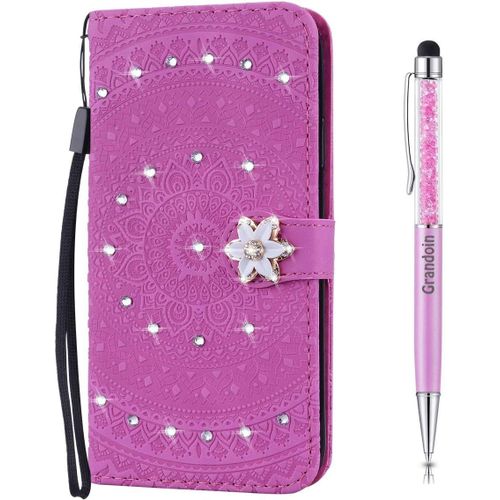 Coque Pour Nokia 3.1, [Srie Mandala] Brillant Cristal Diamant Bookstyle Flip Cover Tui De Protection Housse En Pu Cuir Avec Tpu Silicone Souple Phone Case (Rose Rouge)