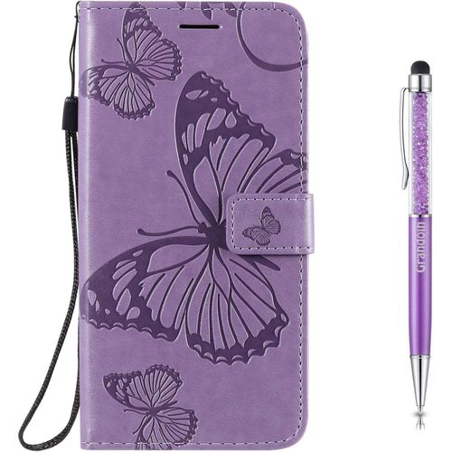 Coque Pour Sony Xperia 1 Ii, Papillon Gaufrage Housse Rtro Pu En Cuir Premium Bookstyle Flip Portefeuille Etui Avec Tpu Silicone Souple Phone Case Avec Fermeture Magntique (Violet