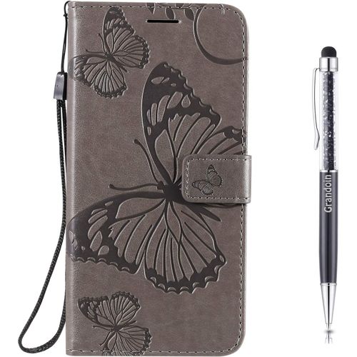 Coque Pour Sony Xperia 1 Ii, Papillon Gaufrage Housse Rtro Pu En Cuir Premium Bookstyle Flip Portefeuille Etui Avec Tpu Silicone Souple Phone Case Avec Fermeture Magntique (Grise