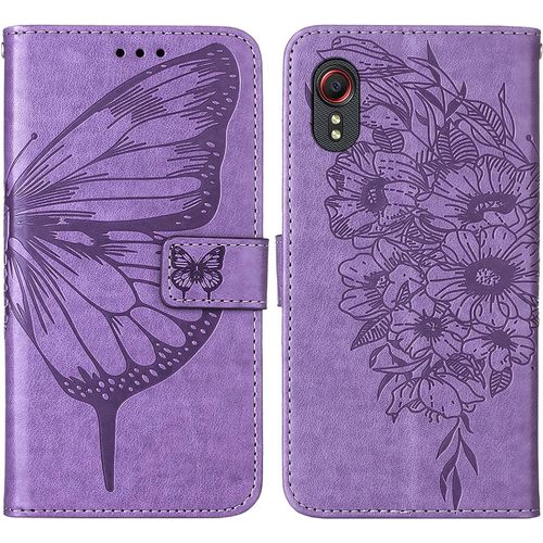 Coque Cuir Pour Samsung Galaxy Xcover 5 Etui A Rabat Motif Dessin Pour Filles Femmes, Portefeuille Housse Avec Case 360 Degres Silicone Antichoc Protection Cover Cuir - Mauve