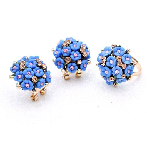 Ensemble De Boucles D'oreilles Romantiques En Céramique Pour Femme, Bijoux En Strass, Fleur, Blanc, Bleu, Floral, Bagues Réglables
