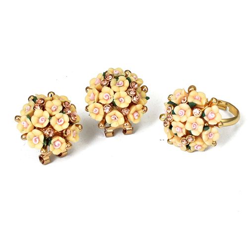 Ensemble De Boucles D'oreilles Romantiques En Céramique Pour Femme, Bijoux En Strass, Fleur, Blanc, Bleu, Floral, Bagues Réglables