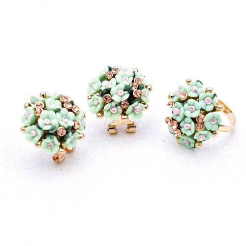Ensemble De Boucles D'oreilles Romantiques En Céramique Pour Femme, Bijoux En Strass, Fleur, Blanc, Bleu, Floral, Bagues Réglables